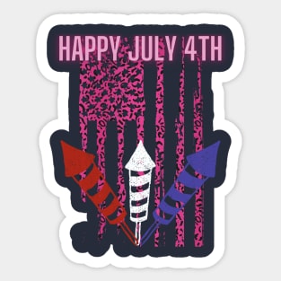 Happy July 4th (pink leopard flag & firework sticks) Sticker